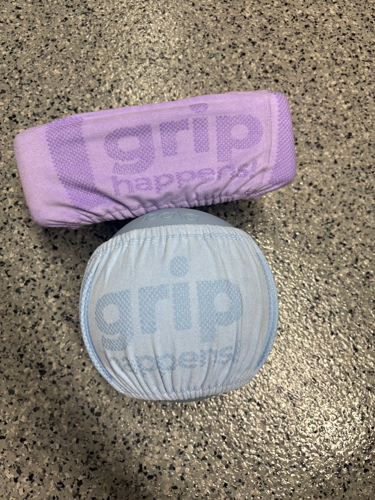 Grip Happens band on a yoga block and on a Pilates ball
